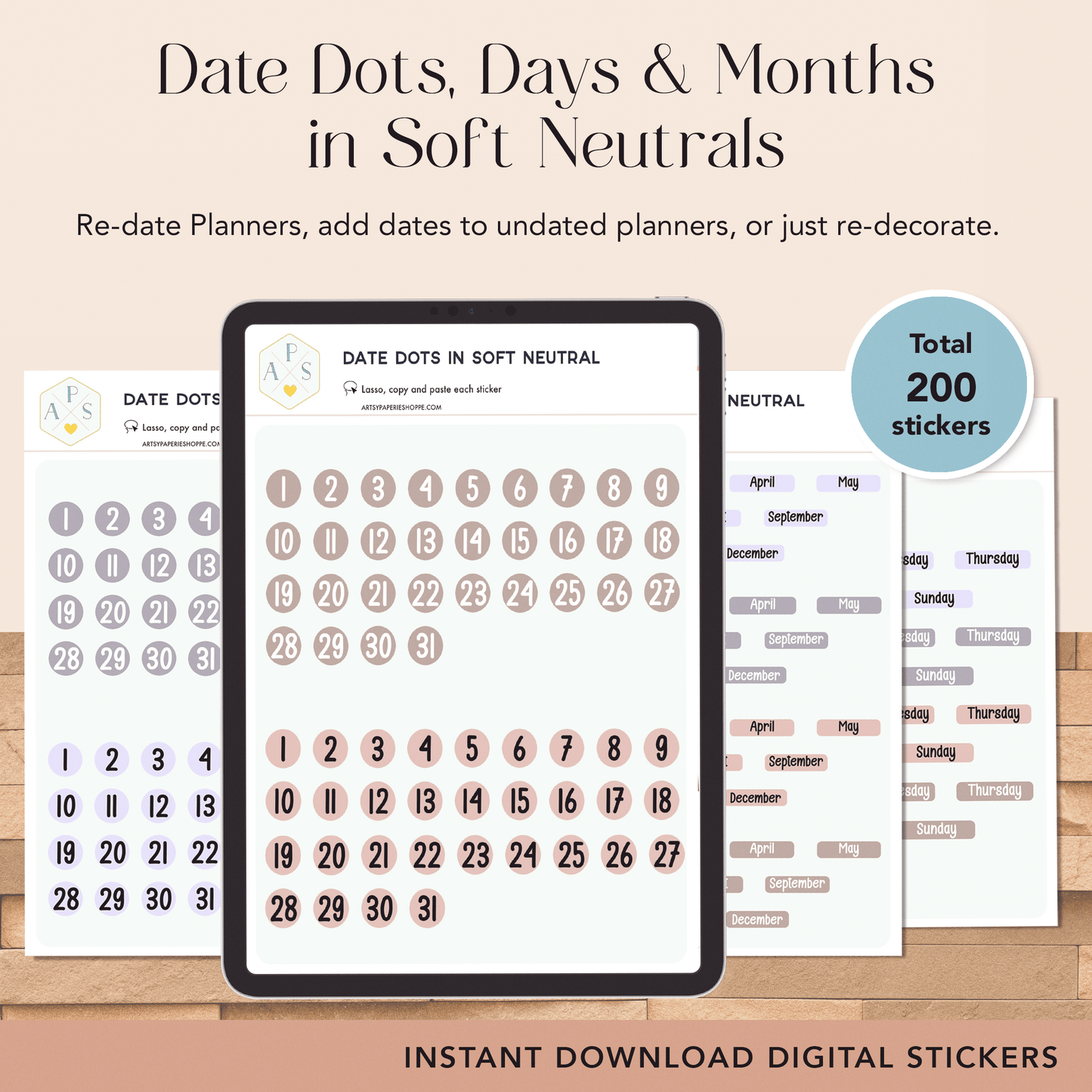 Soft Neutrals Date Dots, Days & Months Stickers